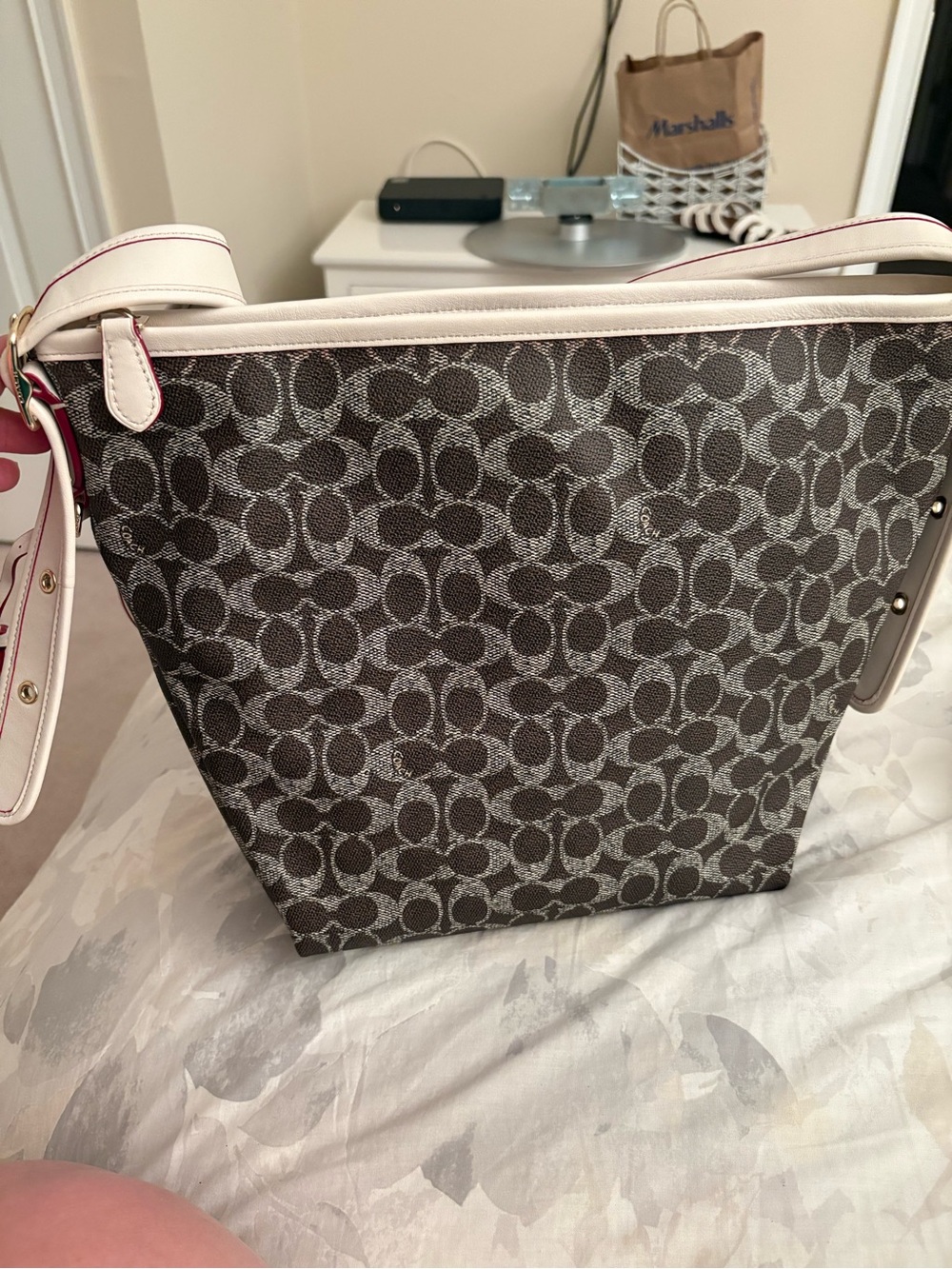 Coach Brown Signature Jacquard Tote with Cream Trim